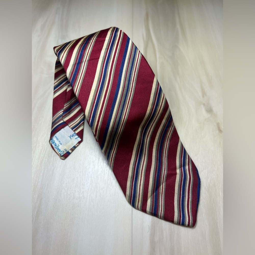 YSL Yves Saint Laurent Mens Red, Navy & Gold Stripes Neck Tie Vintage YSL